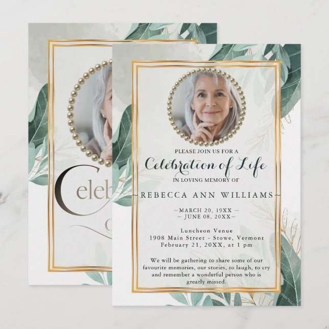 Elegant Greenery Nature Gold Celebration of Life  Invitation (Front/Back)