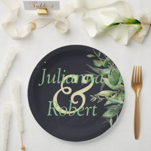 Elegant greenery on black   paper plates