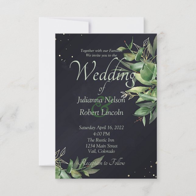 Elegant greenery on black wedding invitation (Front)