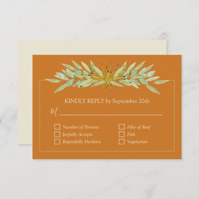 Elegant Greenery on Ochre Wedding RSVP Card (Front/Back)