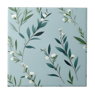 Elegant Greenery On Soft Dusty Blue Tile