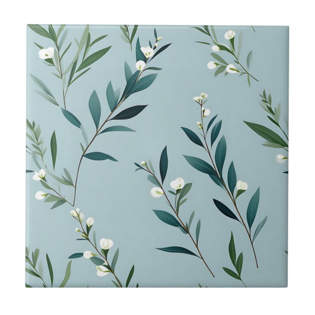 Elegant Greenery On Soft Dusty Blue Tile (Front)