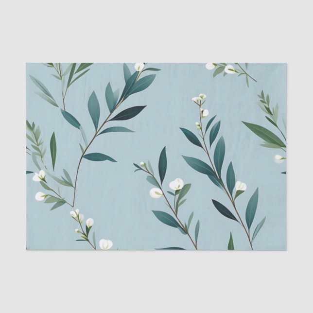 Elegant Greenery On Soft Dusty Blue Tissue Paper (Front)