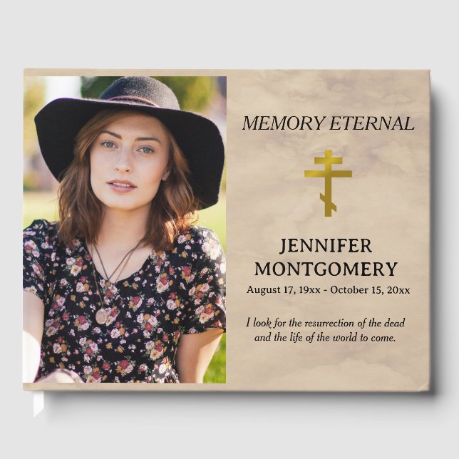 Elegant Greenery Orthodox Christian Funeral Guest Book (Front)