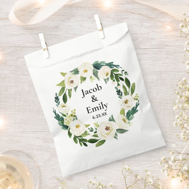 Elegant Greenery Personalised Names Date Wedding Favour Bags (Clipped)