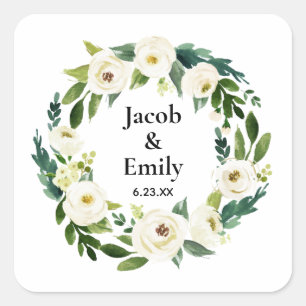 Elegant Greenery Personalised Names Date Wedding Square Sticker