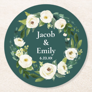 Elegant Greenery Personalised Names Green Wedding Round Paper Coaster