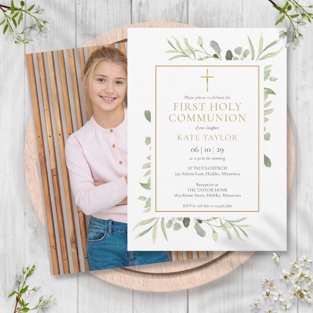 Elegant Greenery Photo First Holy Communion  Invitation (Elegant Greenery Photo First Holy Communion Invitation)