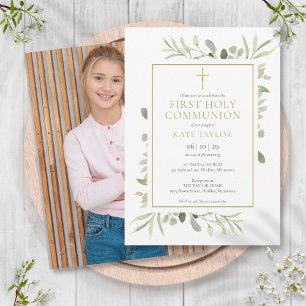 Elegant Greenery Photo First Holy Communion  Invitation
