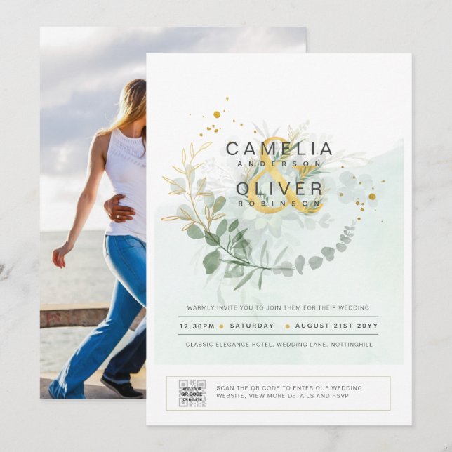 Elegant Greenery PHOTO Wedding Invitation QR CODE (Front/Back)