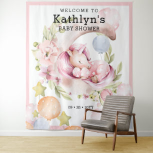 Elegant Greenery Pink Unicorn Girl Baby Shower Tapestry
