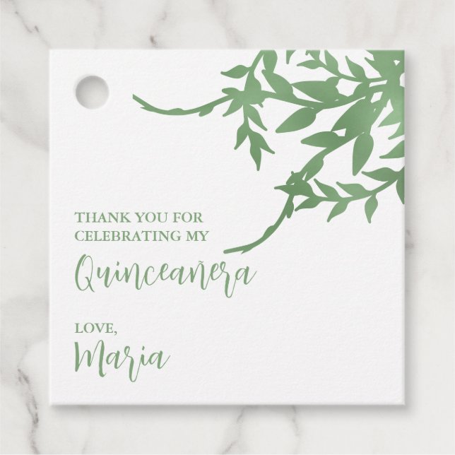 Elegant Greenery Quinceañera Favour Tags (Front)