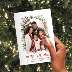 Elegant Greenery Red Arch Custom Photo Christmas Holiday Card
