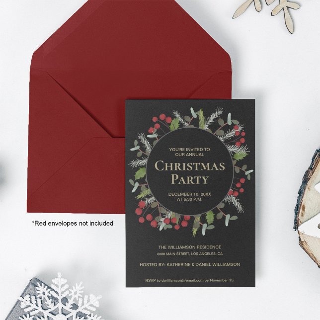 Elegant Greenery Red Berries Christmas Party Invitation (Modern corporate Christmas party botanical wreath.)