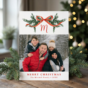Elegant Greenery Red Bow Monogram Photo Holiday Card