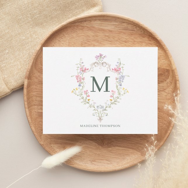 Elegant Greenery Rococo Floral Crest Monogram Card (Creator Uploaded)