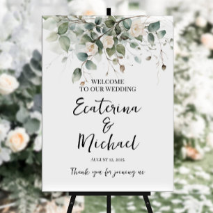Elegant greenery & roses wedding welcome sign