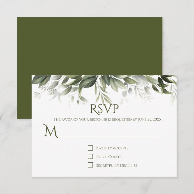 Elegant Greenery RSVP - Dark Olive Green Card (Front/Back)