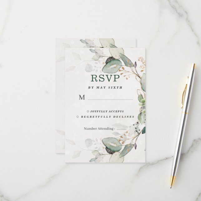 Elegant Greenery Rustic Eucalyptus Floral RSVP Card (Front/Back In Situ)