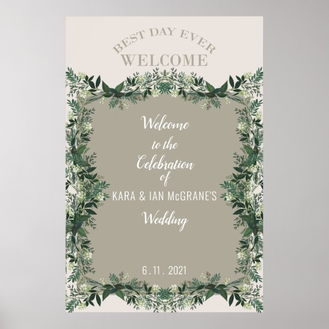 Elegant Greenery Rustic Wedding Celebration Sign 1 (Front)
