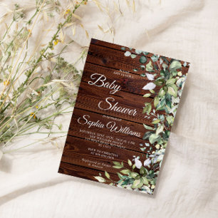 Elegant Greenery Rustic Wood Baby Shower Invitation