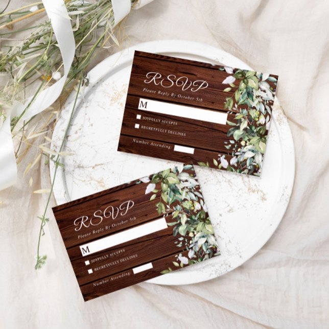 Elegant Greenery Rustic  Wood Wedding RSVP Card (Creator Uploaded)