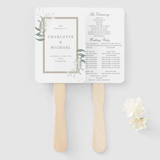 elegant greenery sage leaves wedding program hand fan (Front and Back)