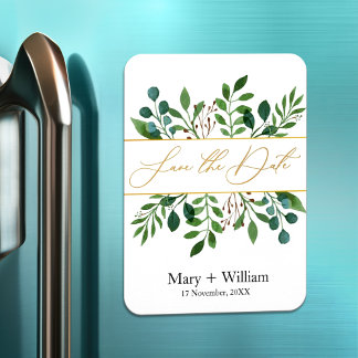Elegant greenery save the date wedding engagement magnet