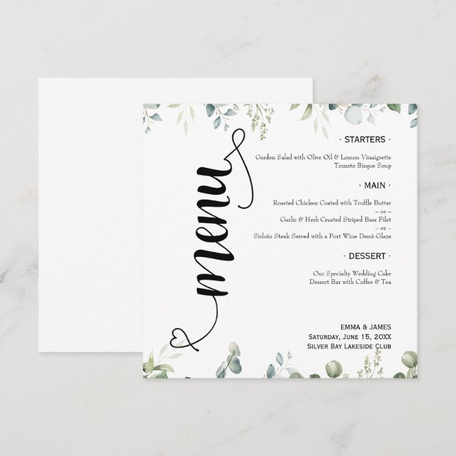 Elegant Greenery Script Round Wedding Flat Menu (Front/Back)