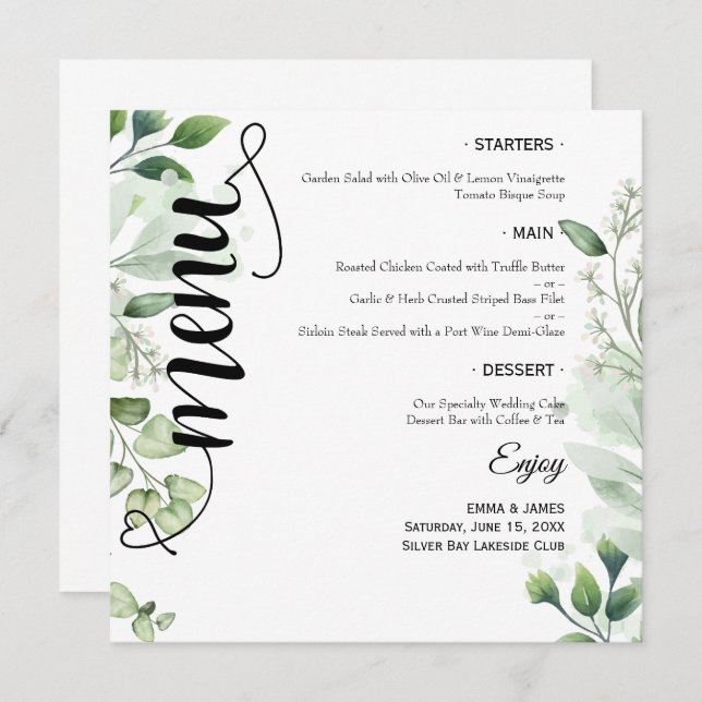 Elegant Greenery Script Round Wedding Flat Menu (Front/Back)