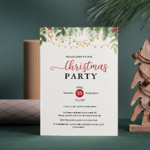 Elegant Greenery String Lights Christmas Party Invitation
