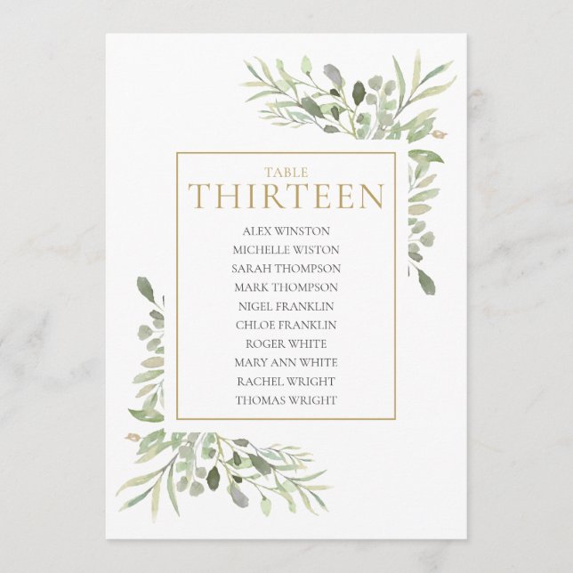 Elegant Greenery Table Number 13 Seating Chart (Front)