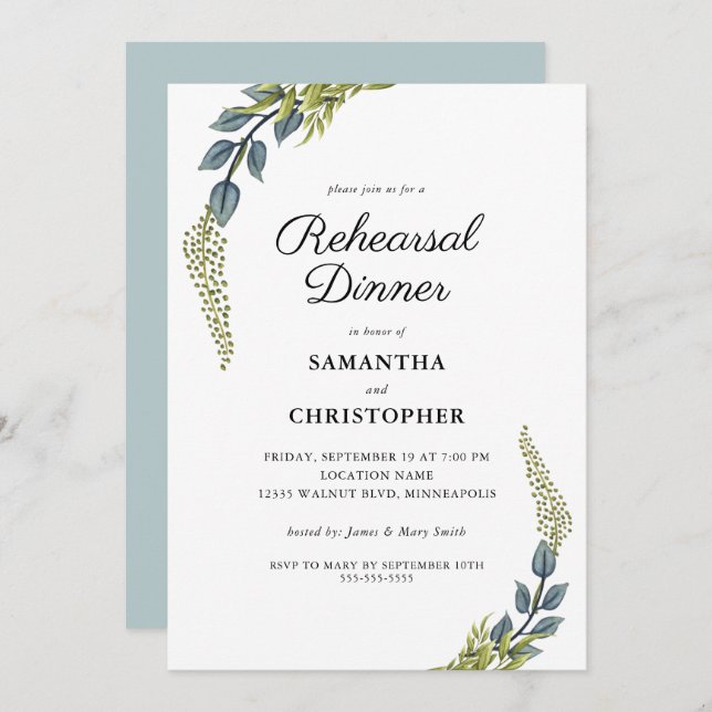 Elegant Greenery Teal and Green Rehearsal Dinner Invitation (Front/Back)