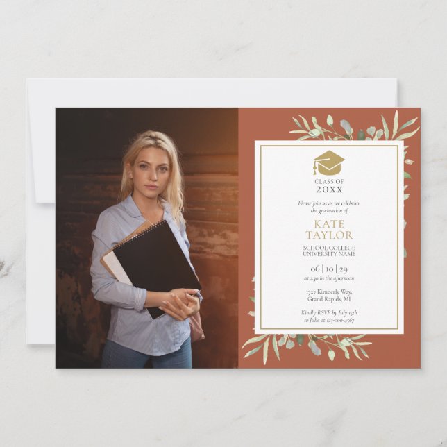 Elegant Greenery Terracotta Graduation Party Photo Invitation (Front)