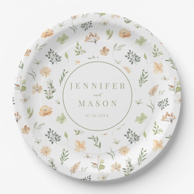 Elegant greenery tiny flowers wedding paper plates (Front)
