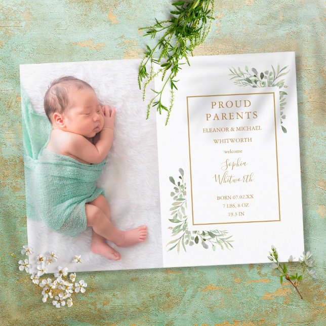 Elegant Greenery Watercolor Baby Photo  Birth  Announcement Postcard (Creator Uploaded)