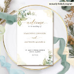 Elegant Greenery Watercolor Folded Wedding Program<br><div class="desc">Welcome your guest with this exquisite wedding ceremony program, featuring gorgeous watercolor Eucalyptus greenery details and delicate watercolor stains in a beautiful blend of green, blue, cream, beige and yellow tan hues. Use of hand written typography details in gold. Personalise the wording in all sides. NOTE: this programs arrive flat...</div>