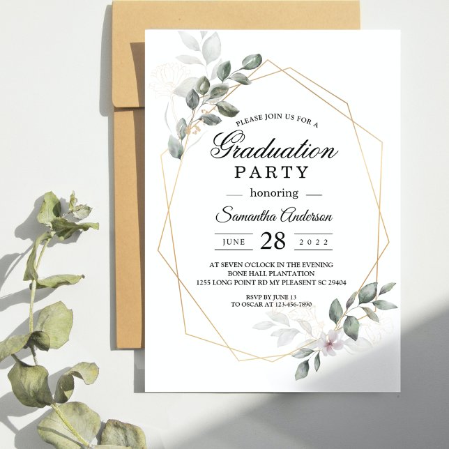 Elegant Greenery Watercolor Leaf Frame Graduation  Invitation (Creator Uploaded)