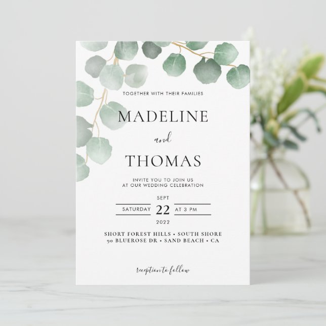 Elegant Greenery Watercolor Leaves Photo Wedding I Invitation (Standing Front)