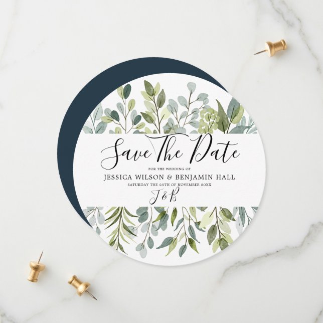 Elegant Greenery Watercolor Leaves Save The Date (Front/Back In Situ)