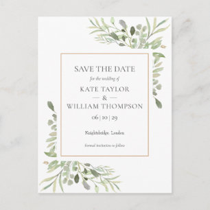 Elegant Greenery Watercolor Leaves Save the Date Announcement Postcard