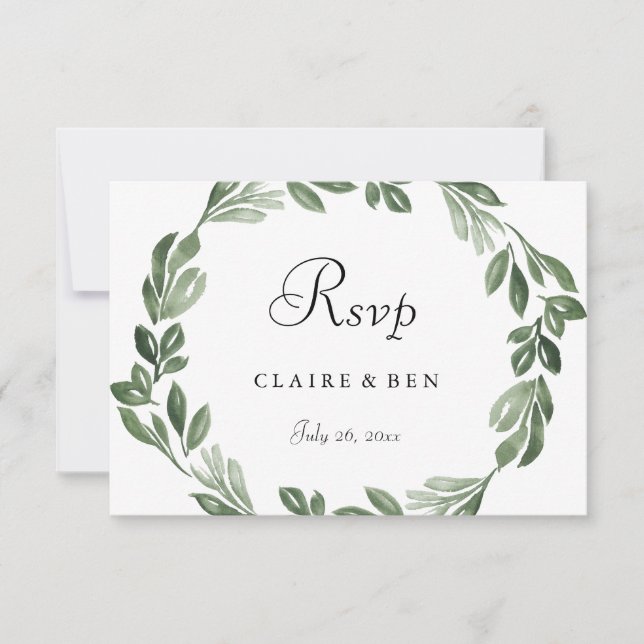Elegant Greenery Watercolor Wreath Wedding RSVP Card (Front)
