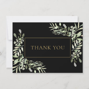 Elegant Greenery Watercolour Leaves Gold  Black Thank You Card