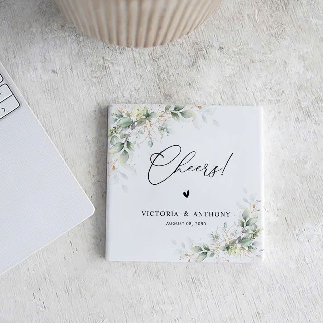 Elegant Greenery Wedding Cheers Square Coaster (Creator Uploaded)