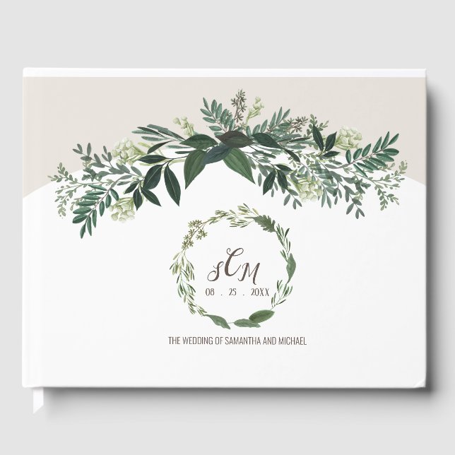 Elegant Greenery Wedding Memory Guestbook Monogram (Front)