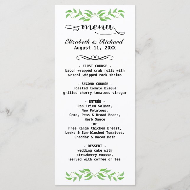 Elegant Greenery Wedding Menu Card - Personalised  (Front)