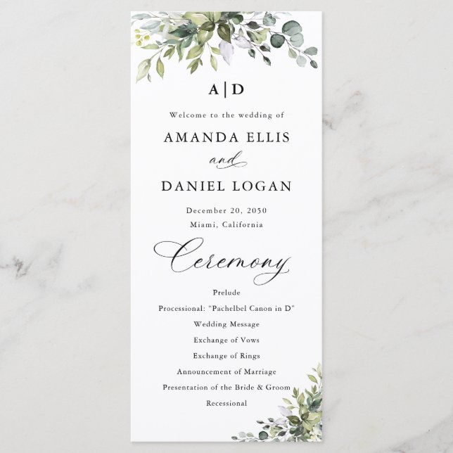 Elegant Greenery Wedding Program Programme (Front)