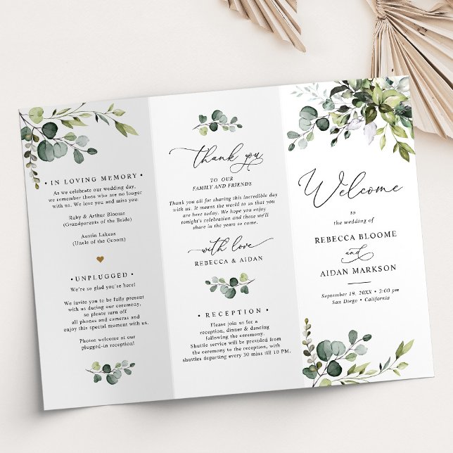 Elegant Greenery Wedding Program Tri-Fold (Creator Uploaded)