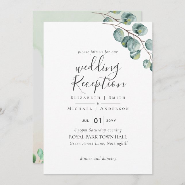 Elegant Greenery Wedding RECEPTION Evening Only In Invitation (Front/Back)