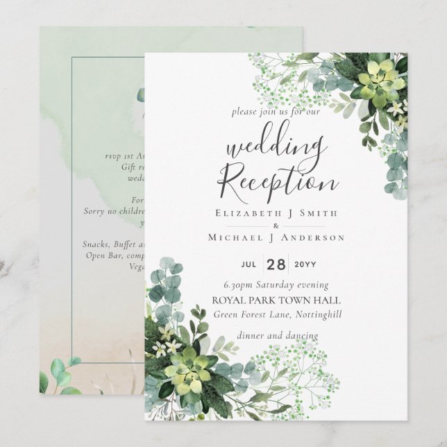 Elegant Greenery Wedding RECEPTION Evening Only In Invitation (Front/Back)